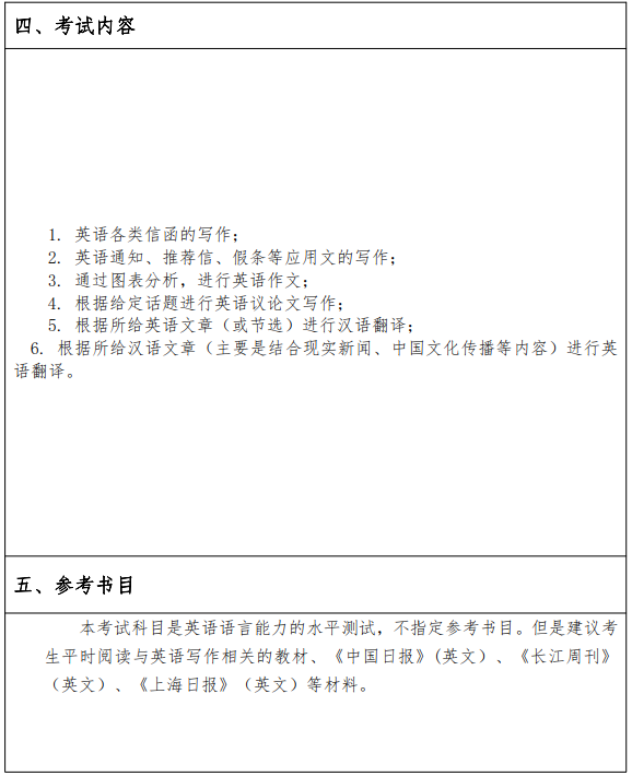 江汉大学2022年硕士研究生813英语写作与翻译考试大纲