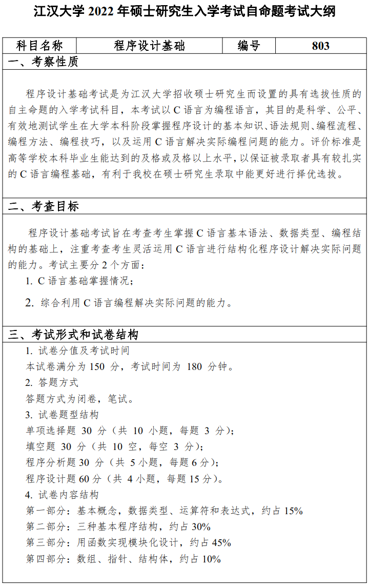 江汉大学2022年硕士研究生803程序设计基础考试大纲