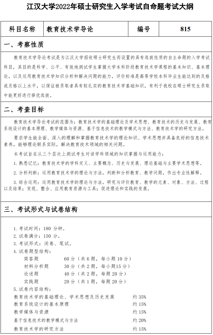 江汉大学2022年硕士研究生815教育技术学导论考试大纲