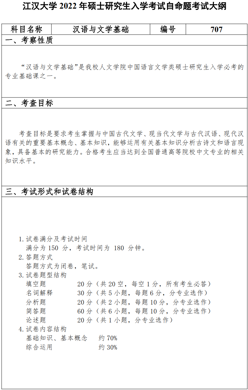 江汉大学2022年硕士研究生707汉语与文学基础考试大纲