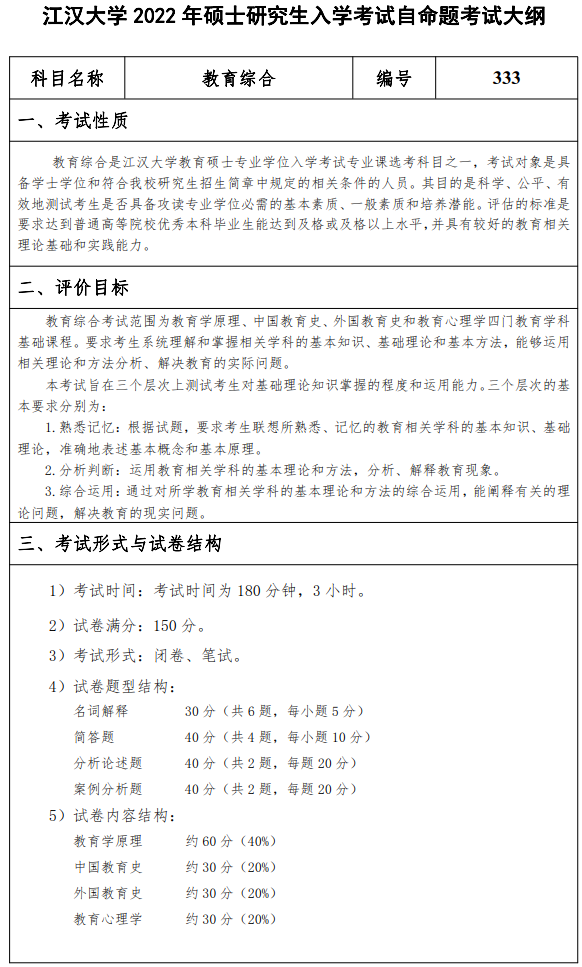江汉大学2022年硕士研究生333教育综合考试大纲